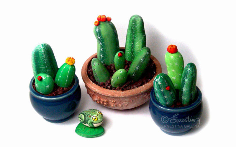 Sassi cactus vasetti pittura