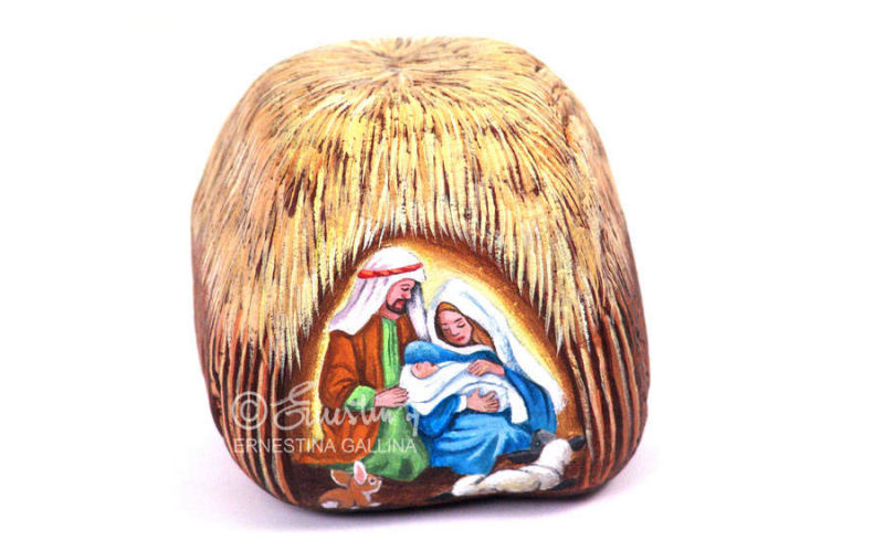 Capanna e presepe dipinto su sasso