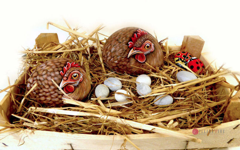Due galline rosse create coi sassi naturali