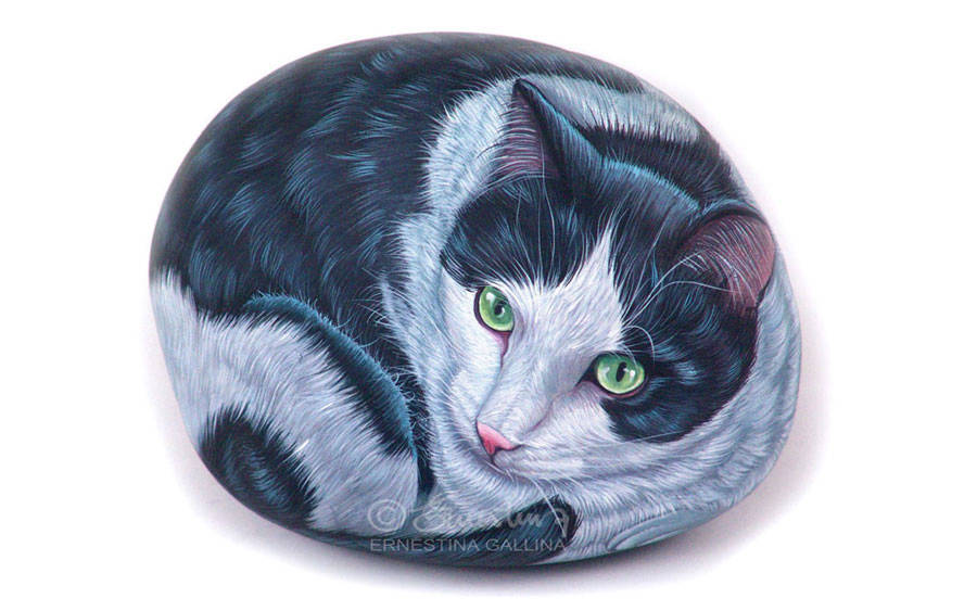 gatto bianco e nero dipinto su pietra