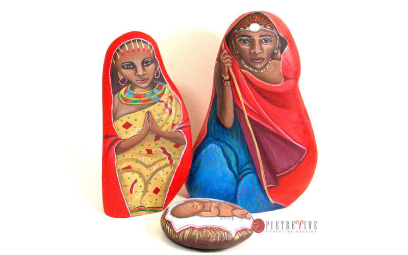 Nativita africana presepe sasso dipinto natale 