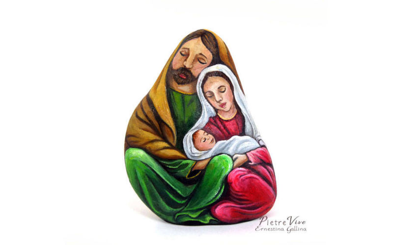 Natale sacra famiglia sasso dipinto