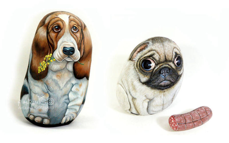 Cagnolini Beagle e carlino dipinti su sassi
